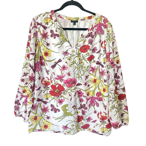 Talbots Tops - Talbots Blouse White Muticolored Flowers Dragonflies 100% Cotton Lined XL Spring